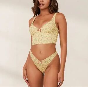 NWT Lounge Set Sweet Longline Bustier Crop Top Bra & Thong Floral Lemon Yellow